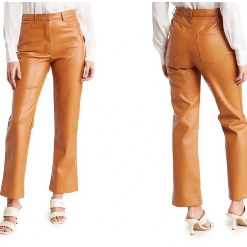 New Avec Les Filles Biscotti Camel Brown Faux Leather Vegan Pants Straight Leg M